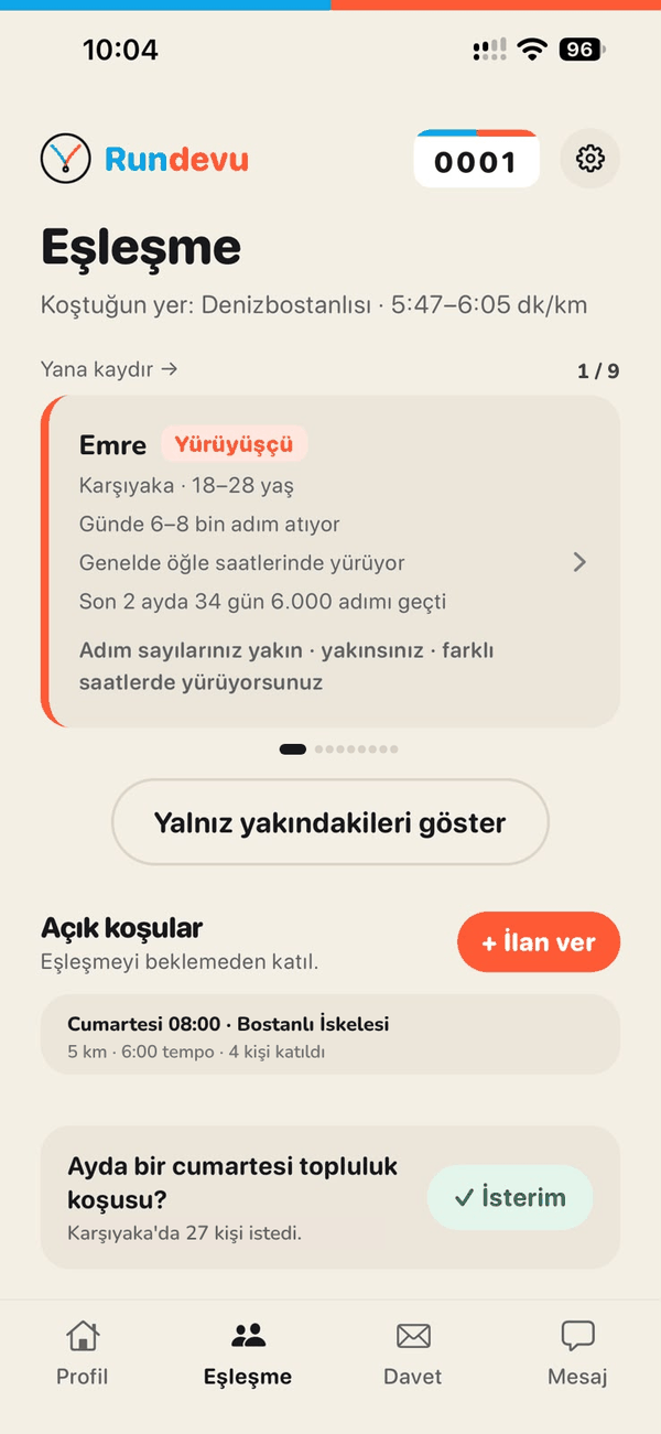 Eşleşme ekranı: sana uyan kişiler kart kart, yakındaki açık koşular