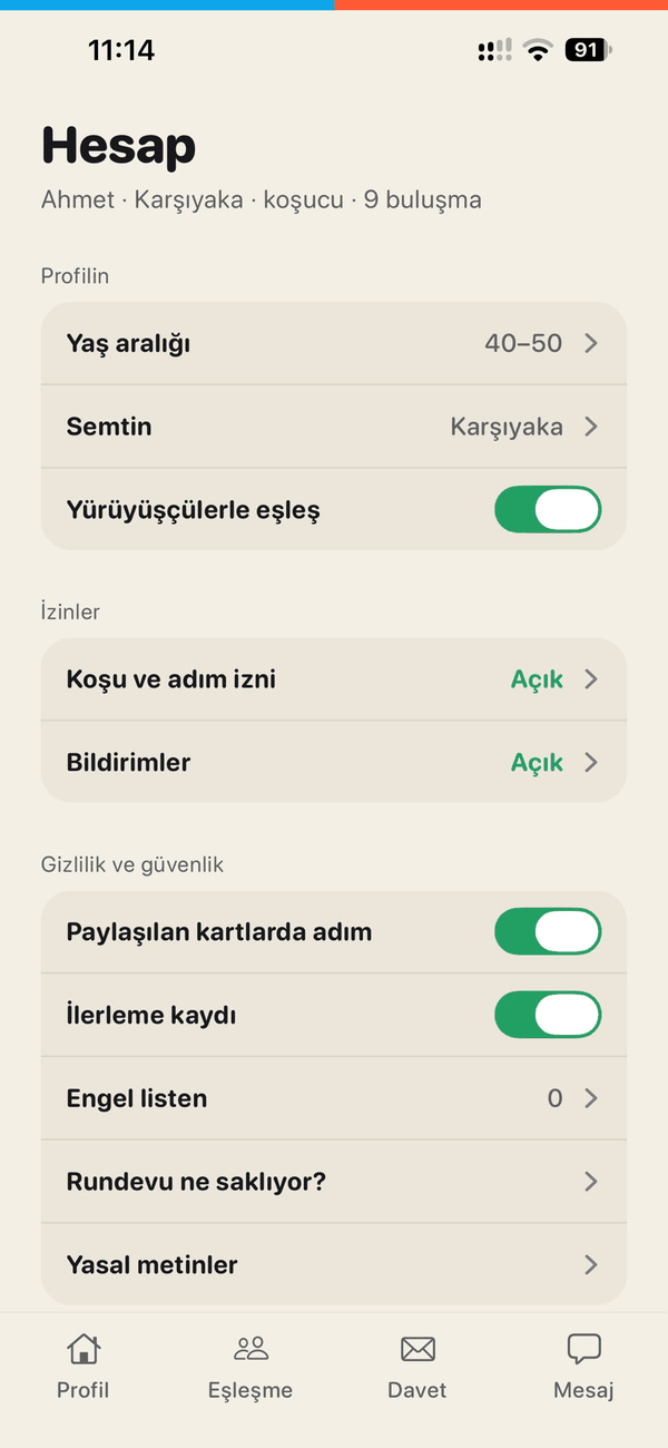 Hesap ekranı: profil, izinler, gizlilik ve güvenlik