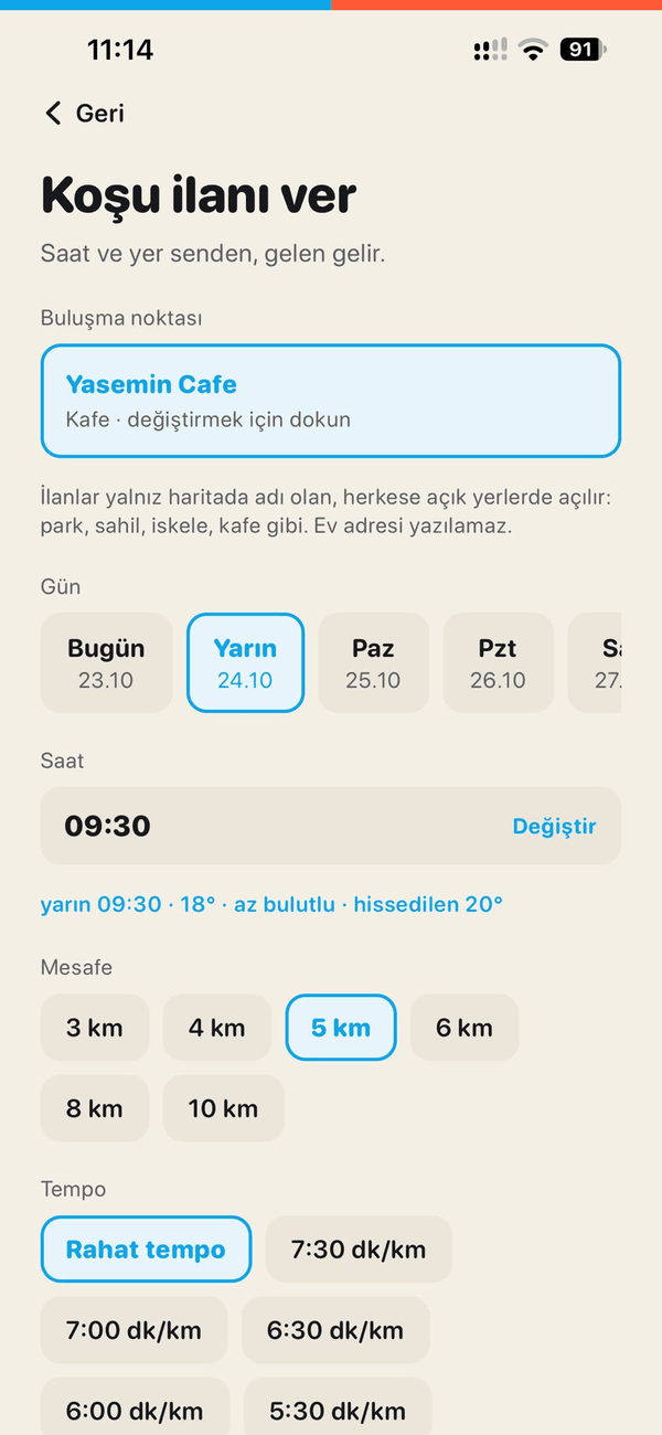 Koşu ilanı ver ekranı: buluşma noktası, gün, saat, mesafe ve tempo