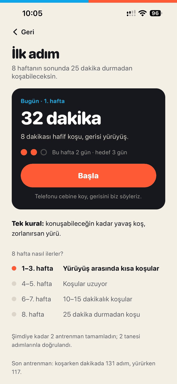 İlk adım ekranı: bugünkü antrenman, Başla düğmesi ve 8 haftanın yolu