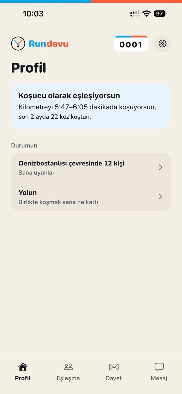Profil ekranı: koşucu olarak eşleşiyorsun, çevrende sana uyan kişiler